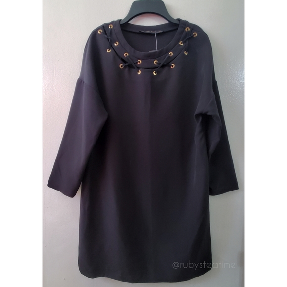 ZARA Criss Cross / Cut Out Neckline, Black Shift Dress with Gold/Brass Hardware - Picture 2 of 7